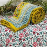 yellow-teal-floral-jaipuri-hand-quilted-reversible-razai