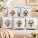 sky-blue-geometric-diamond-border-floral-vase-hand-block-print-cotton-cushion-cover-24x24