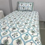 turquoise-blue-sage-green-palm-botanical-tile-hand-block-single-bedsheet