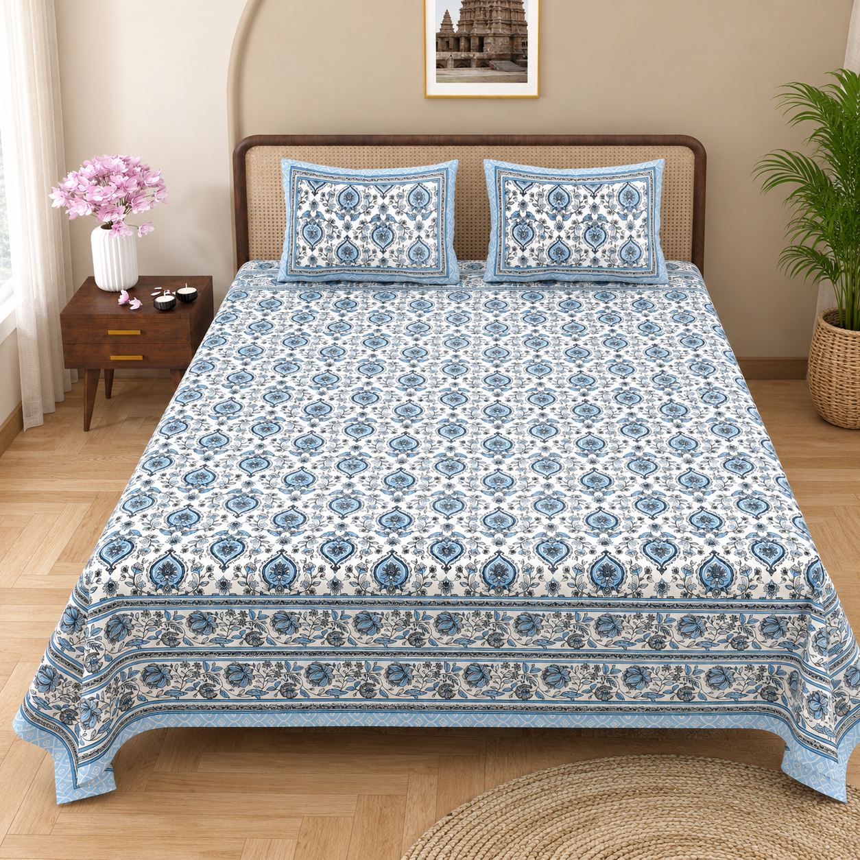 cerulean-blue-mughal-medallion-floral-vine-pure-hand-block-king-bedsheet