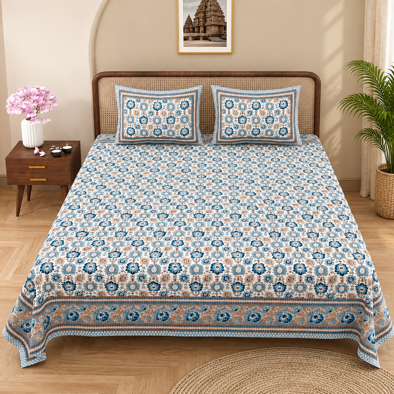 cornflower-blue-caramel-boho-floral-blossom-pure-hand-block-king-bedsheet