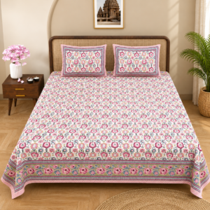 pastel-coral-pink-olive-meadow-blossom-pure-hand-block-king-bedsheet